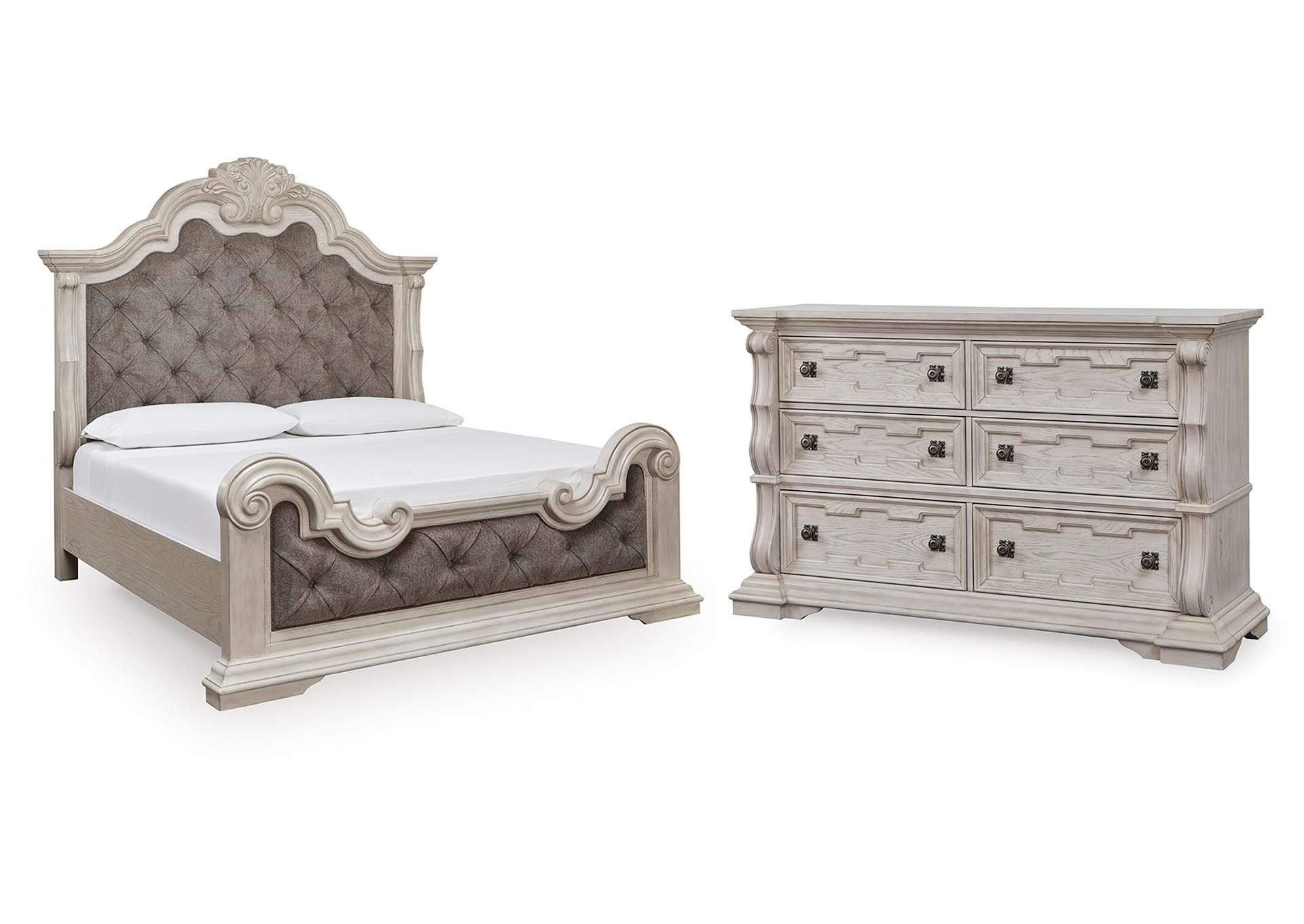 Andonhall California King Upholstered Panel Bed with Dresser