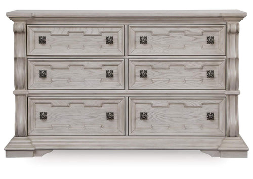 Andonhall California King Upholstered Panel Bed with Dresser front view