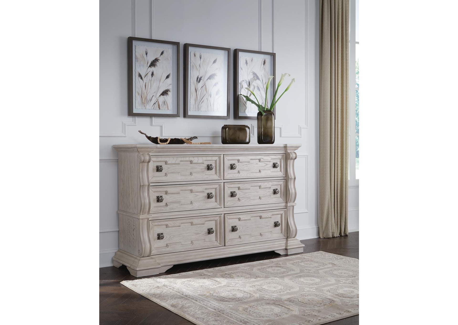 Andonhall California King Upholstered Panel Bed with Dresser