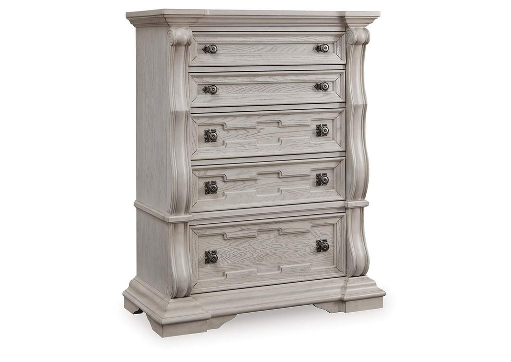 Andonhall California King Upholstered Panel Bed with Dresser and Chest angled view