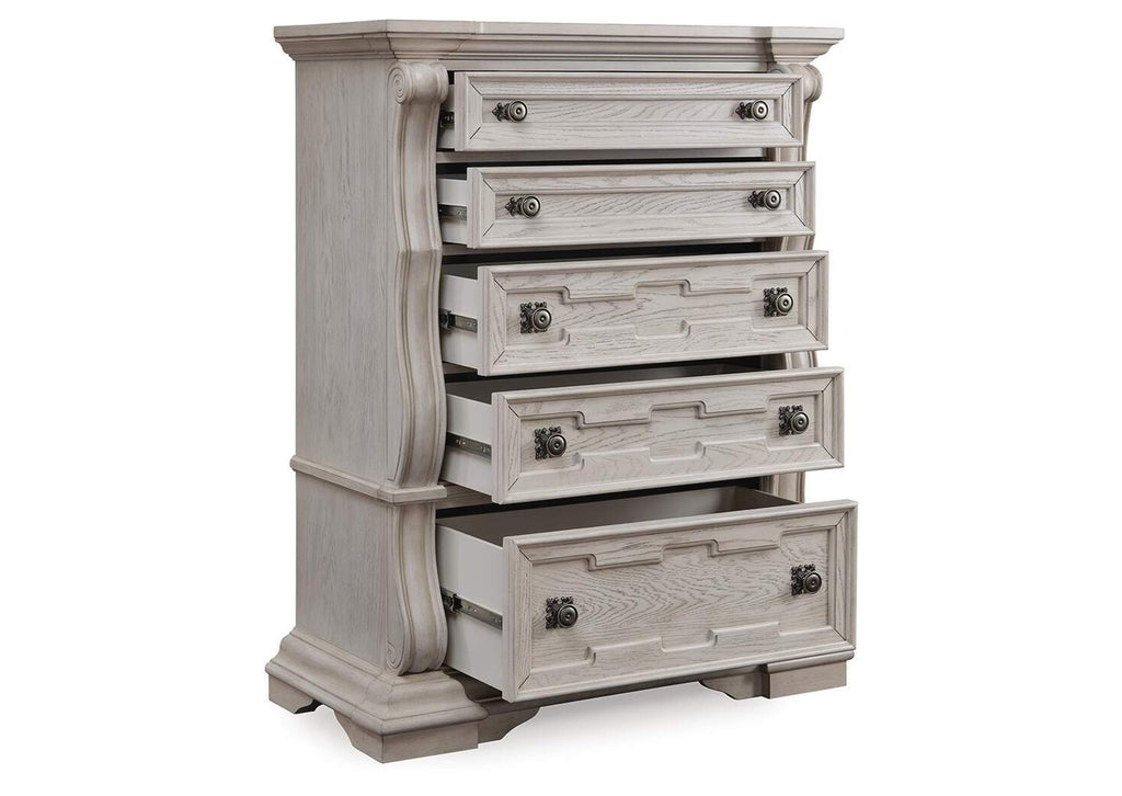 Andonhall California King Upholstered Panel Bed with Dresser and Chest angled view