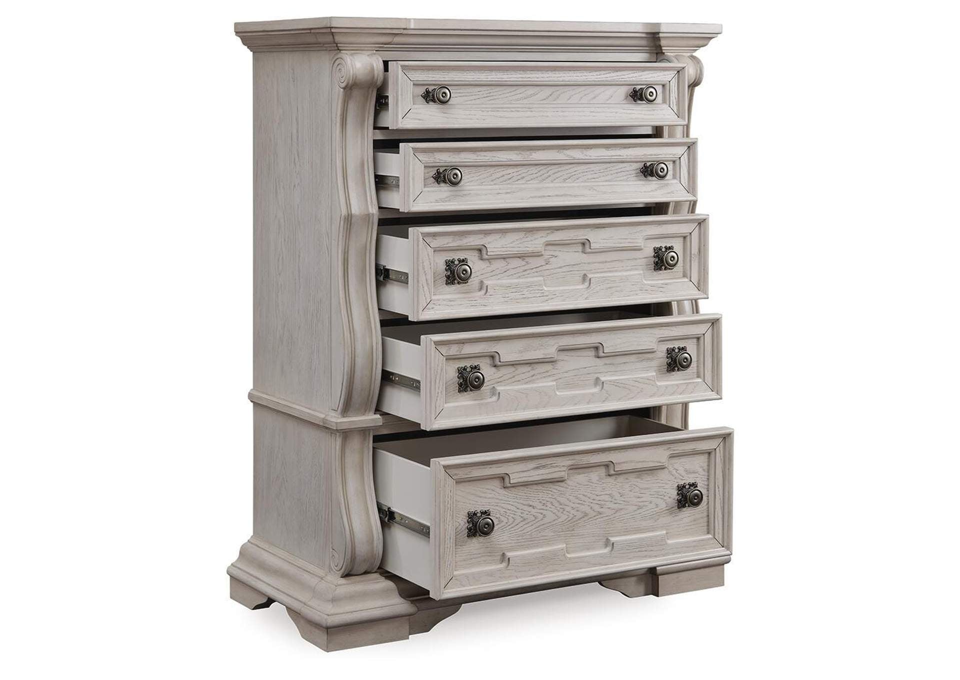Andonhall California King Upholstered Panel Bed with Dresser and Chest angled view