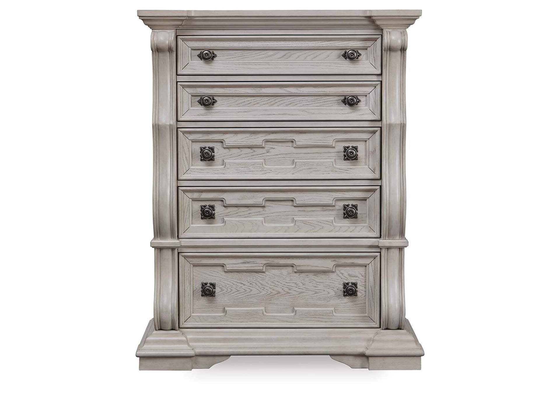 Andonhall California King Upholstered Panel Bed with Dresser and Chest front view