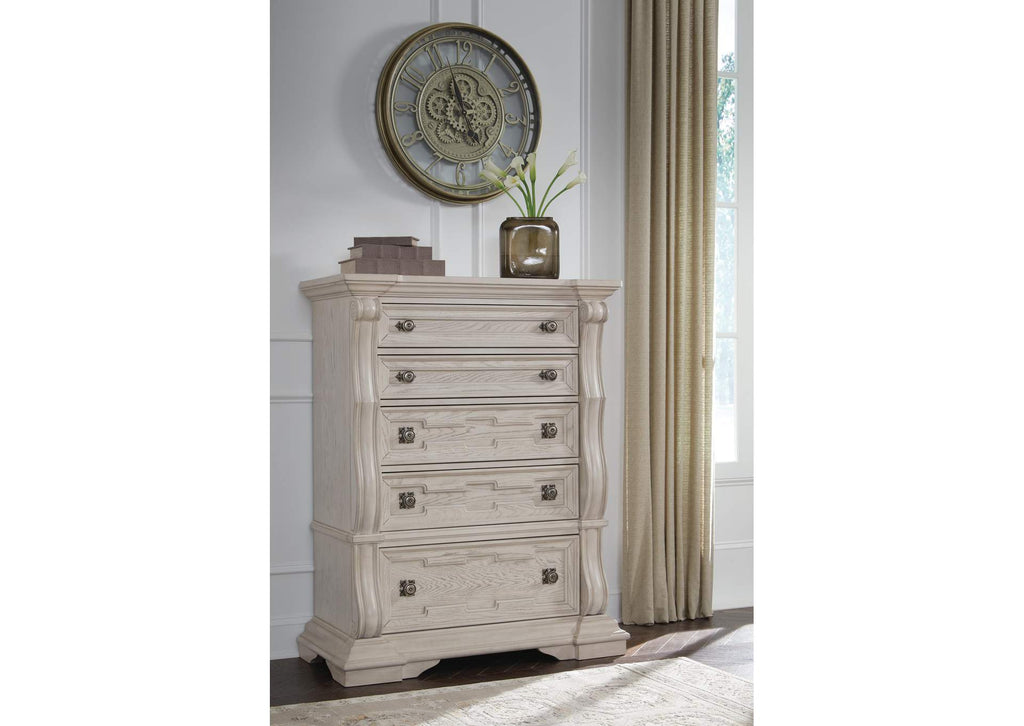Andonhall California King Upholstered Panel Bed with Dresser and Chest