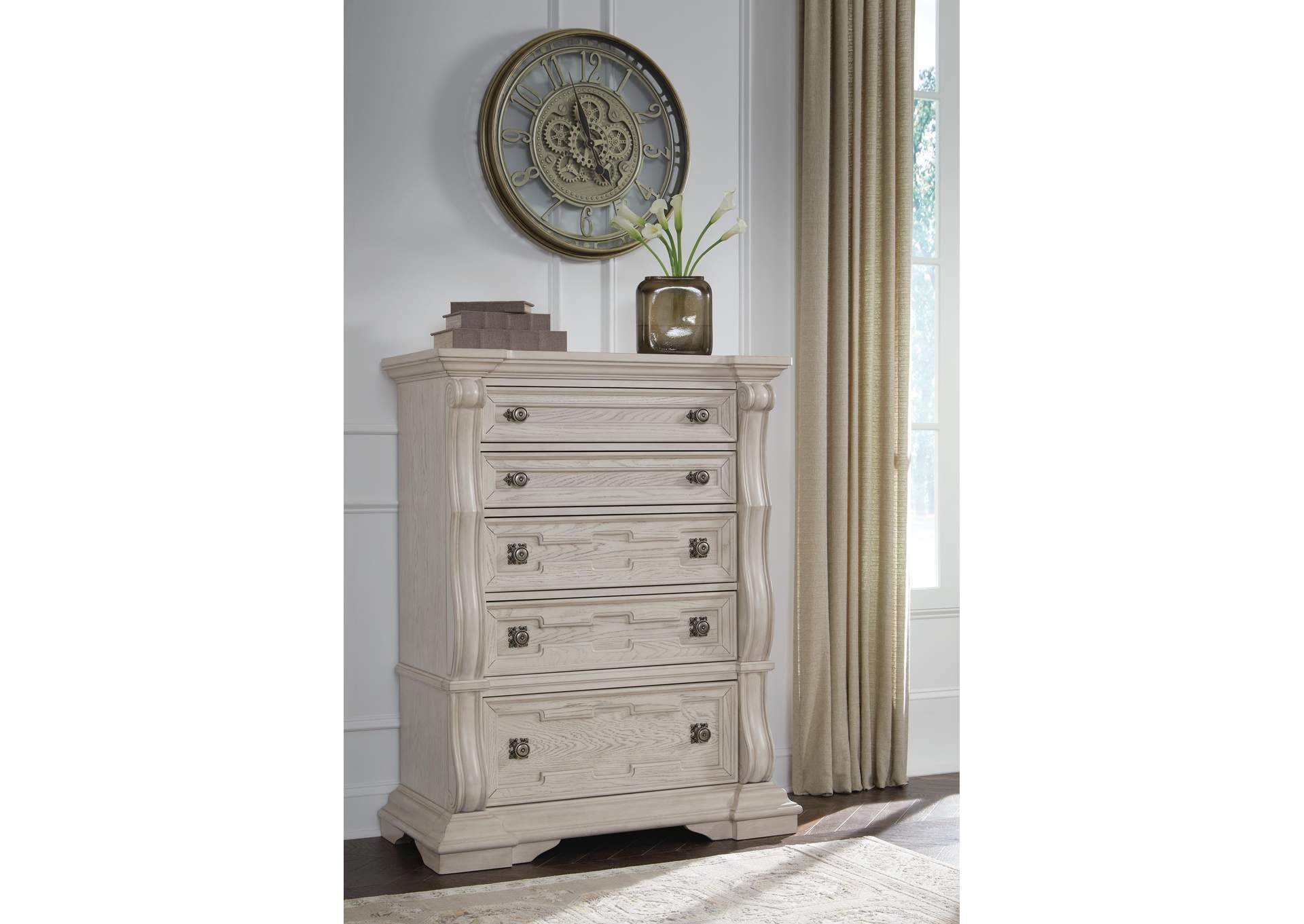 Andonhall California King Upholstered Panel Bed with Dresser and Chest