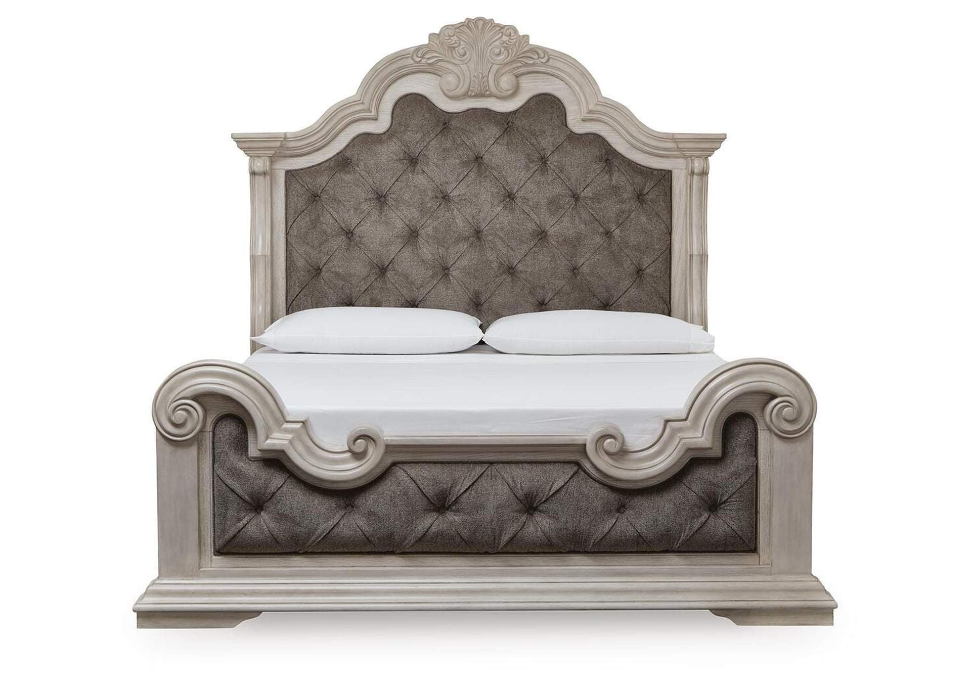 Andonhall California King Upholstered Panel Bed with Mirrored Dresser and Nightstand front view