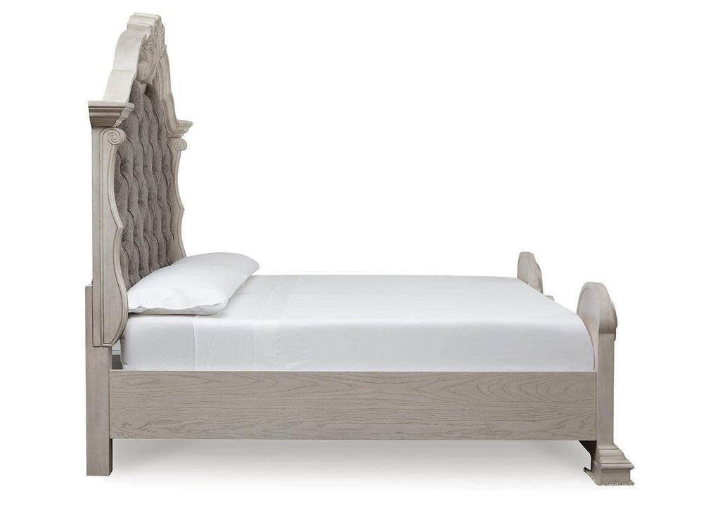 Andonhall California King Upholstered Panel Bed with Dresser side view