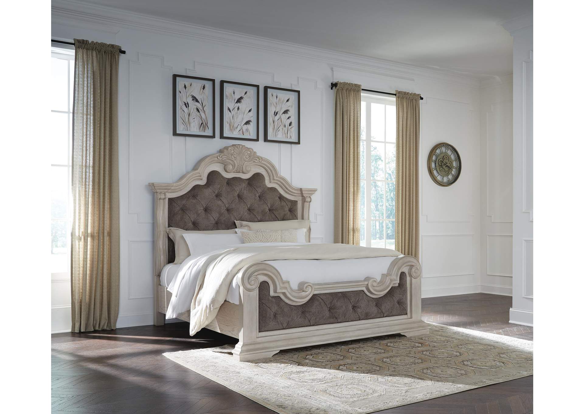 Andonhall King Upholstered Panel Bed with Mirrored Dresser and Nightstand