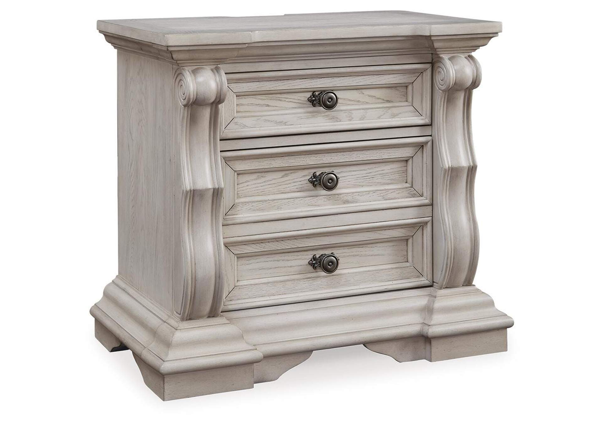 Andonhall King Upholstered Panel Bed with Mirrored Dresser and Nightstand angled view