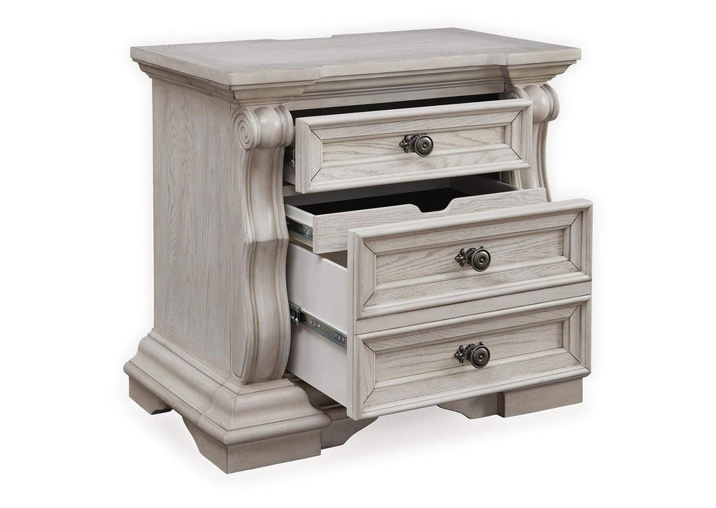 Andonhall California King Upholstered Panel Bed with Mirrored Dresser and Nightstand angled view