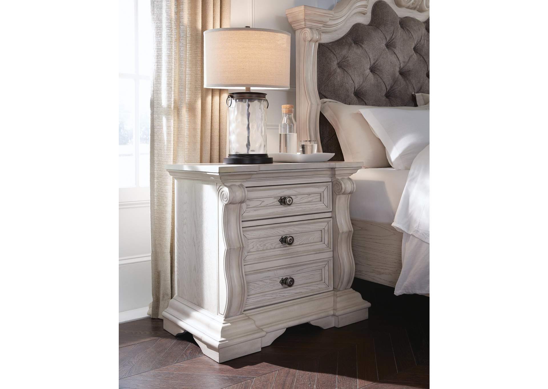 Andonhall California King Upholstered Panel Bed with Dresser and Nightstand