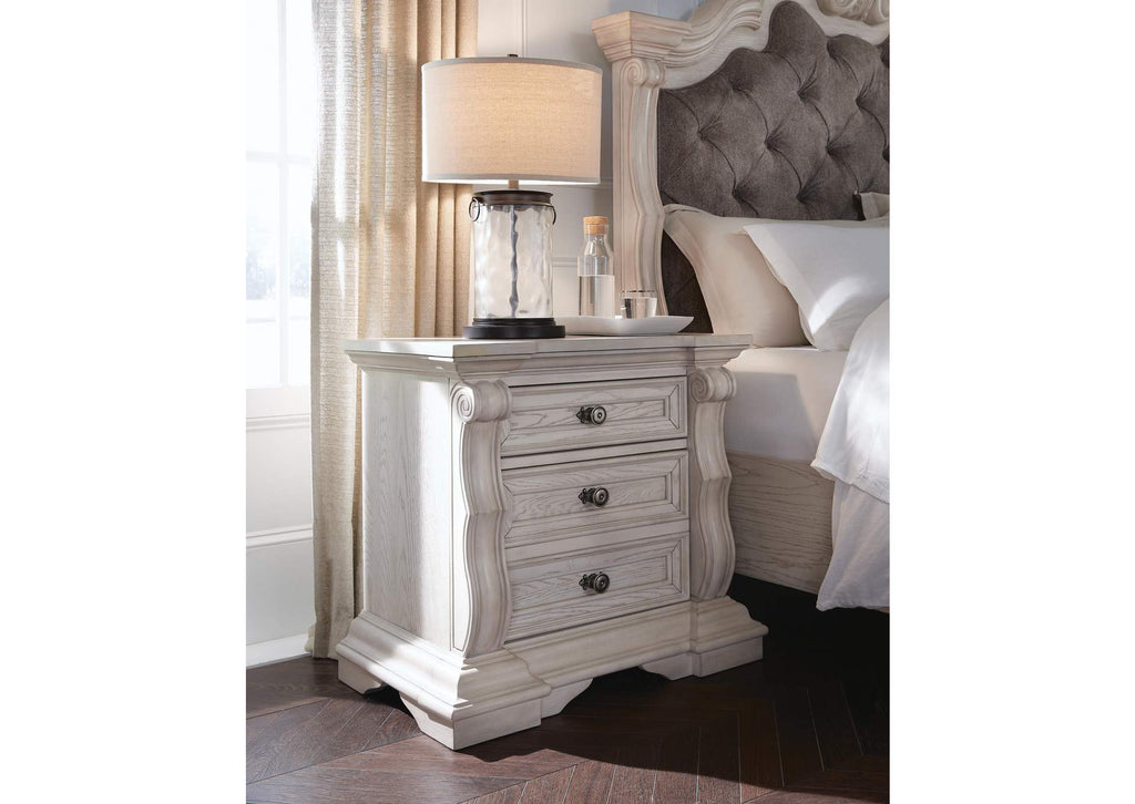 Andonhall King Upholstered Panel Bed with Mirrored Dresser and Nightstand