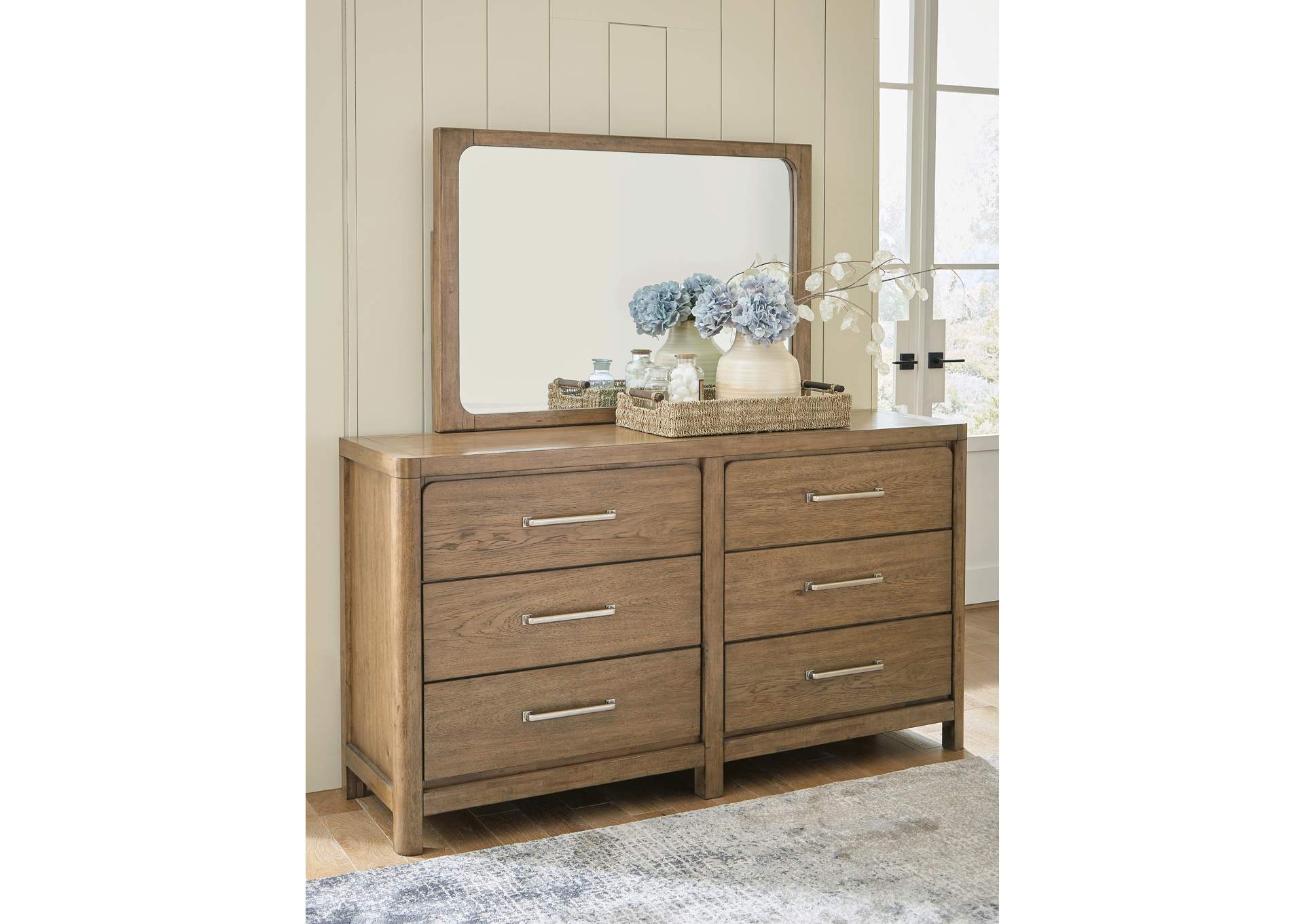 Cabalynn California King Panel Bed with Storage with Mirrored Dresser