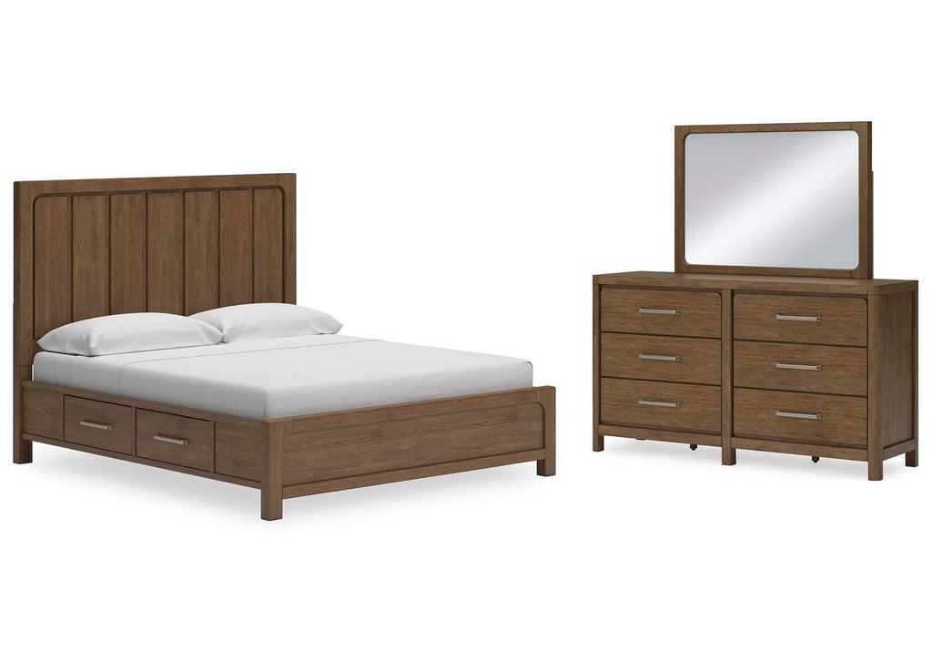 Cabalynn California King Panel Bed with Storage with Mirrored Dresser