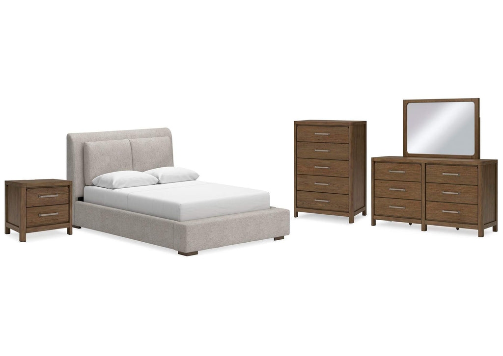 Cabalynn Queen Upholstered Bed with Mirrored Dresser, Chest and Nightstand
