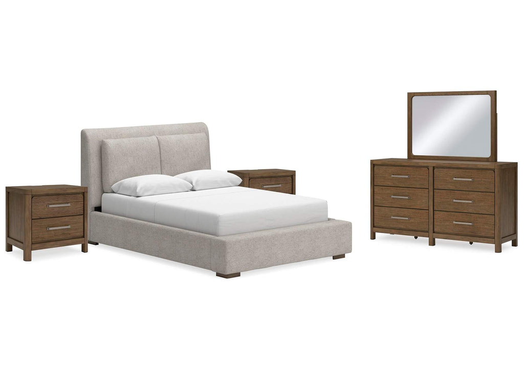 Cabalynn Queen Upholstered Bed with Mirrored Dresser and 2 Nightstands