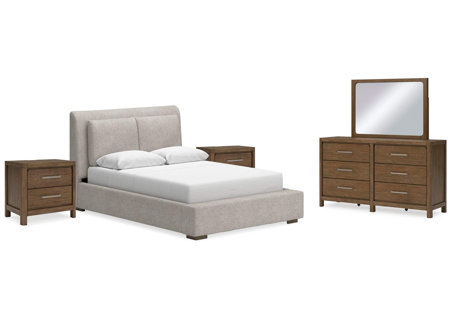 Cabalynn Queen Upholstered Bed with Mirrored Dresser and 2 Nightstands