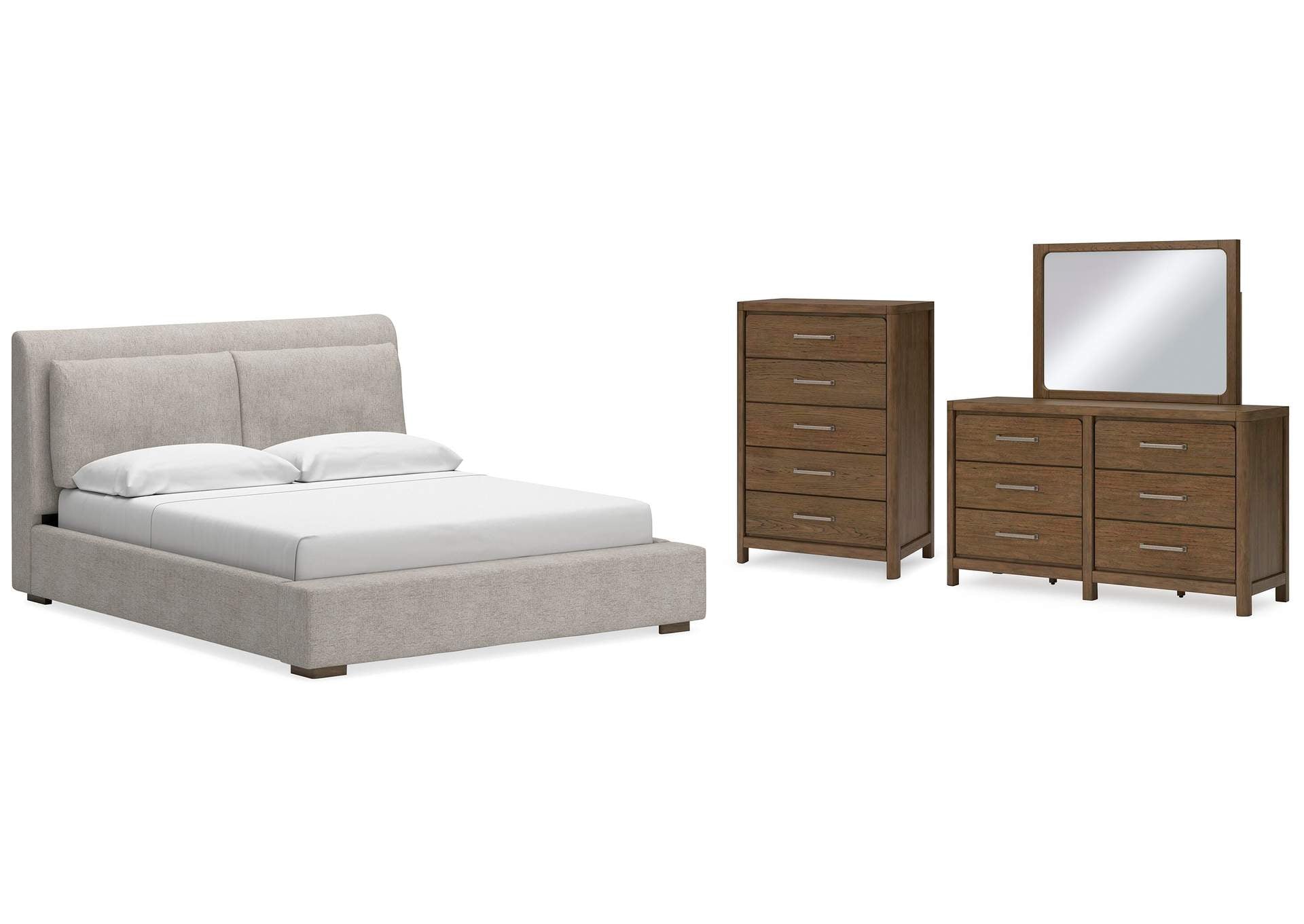 Cabalynn King Upholstered Bed with Mirrored Dresser and Chest