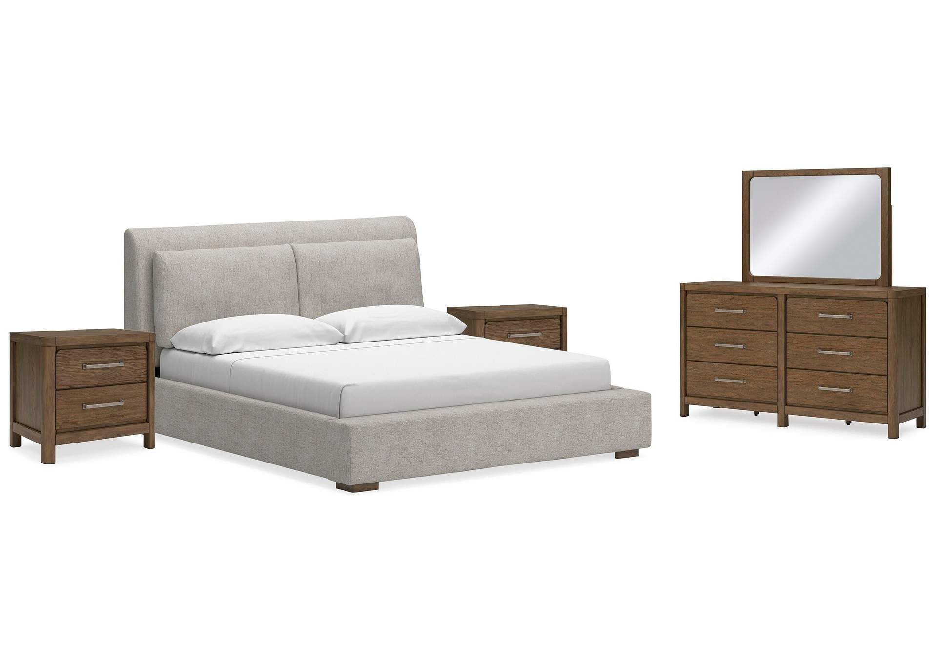Cabalynn King Upholstered Bed with Mirrored Dresser and 2 Nightstands