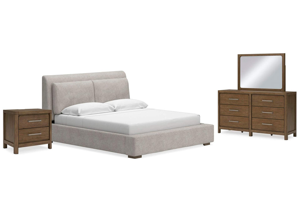 Cabalynn California King Upholstered Bed with Mirrored Dresser and Nightstand