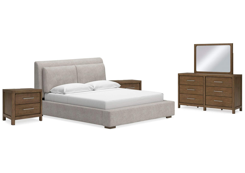 Cabalynn California King Upholstered Bed, Dresser, Mirror and 2 Nightstands