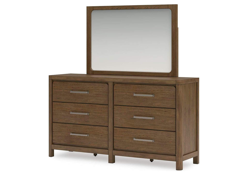 Cabalynn Queen Upholstered Bed with Mirrored Dresser and Chest angled view