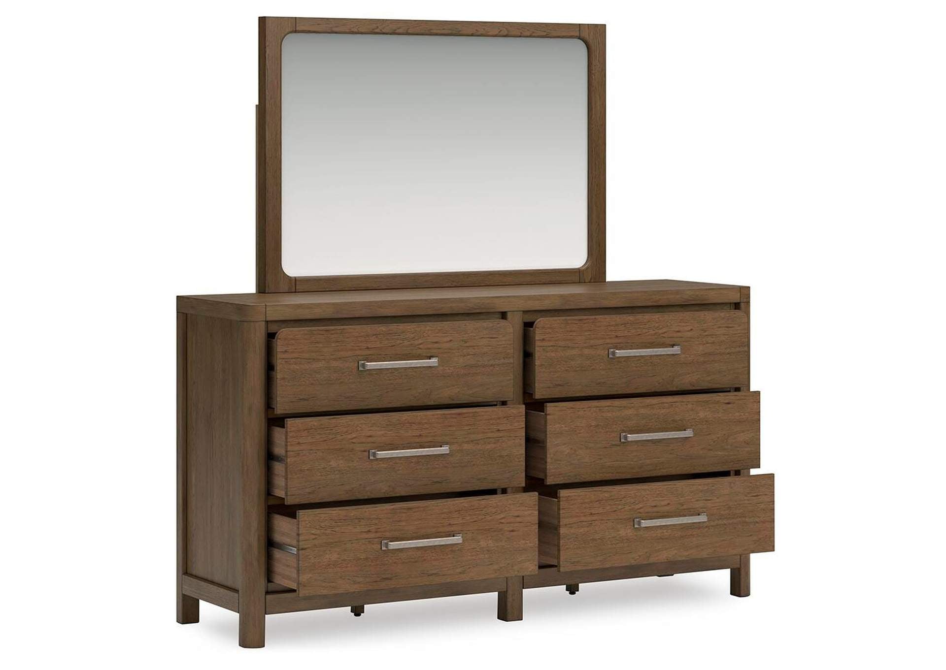 Cabalynn King Panel Bed with Storage with Mirrored Dresser and Chest angled view