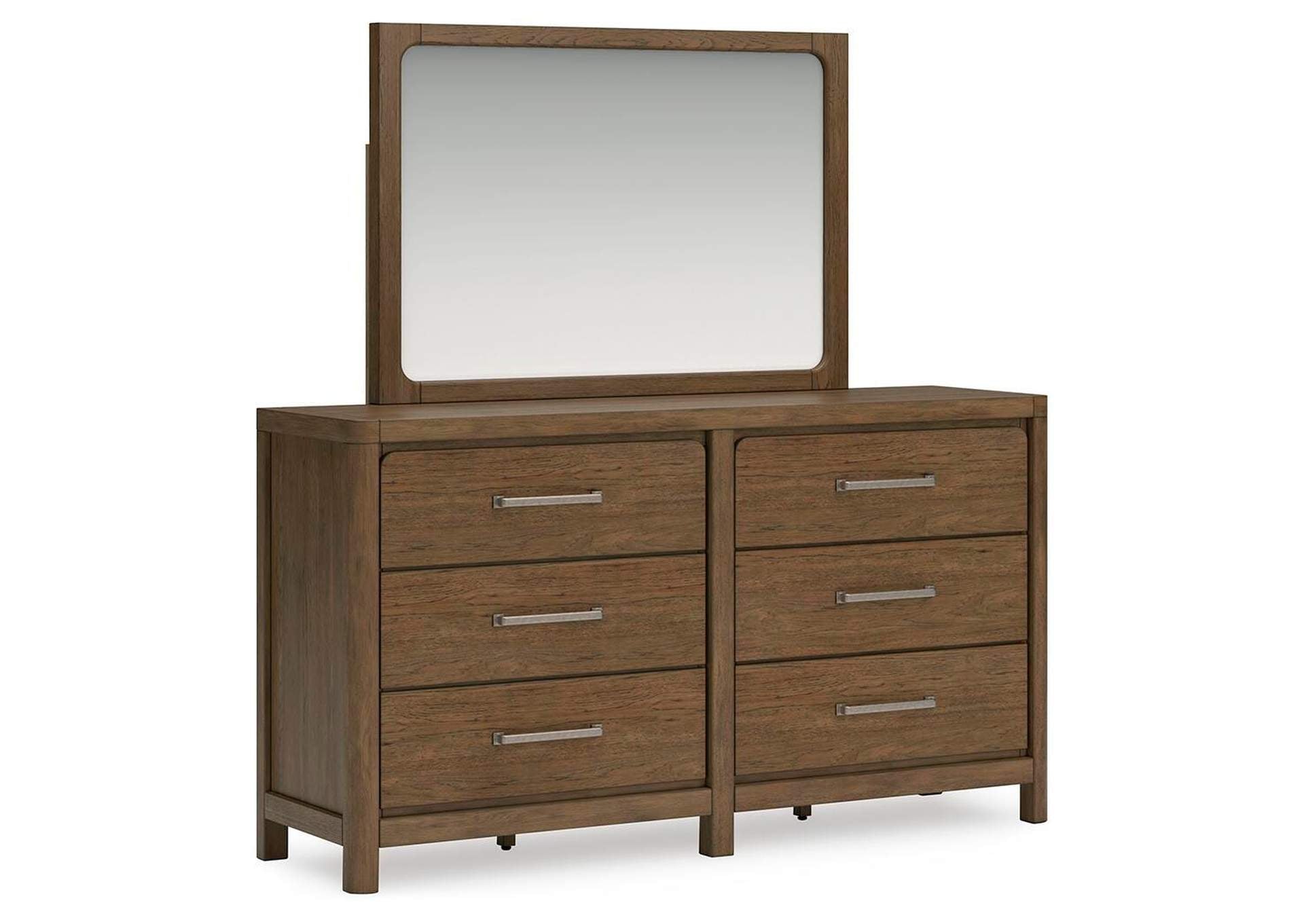 Cabalynn California King Upholstered Bed with Mirrored Dresser and Chest angled view