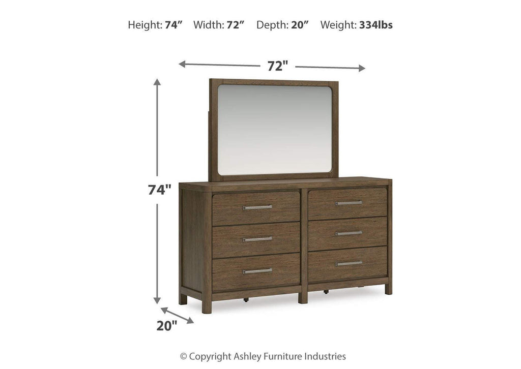Cabalynn California King Panel Bed with Storage with Mirrored Dresser dimensions