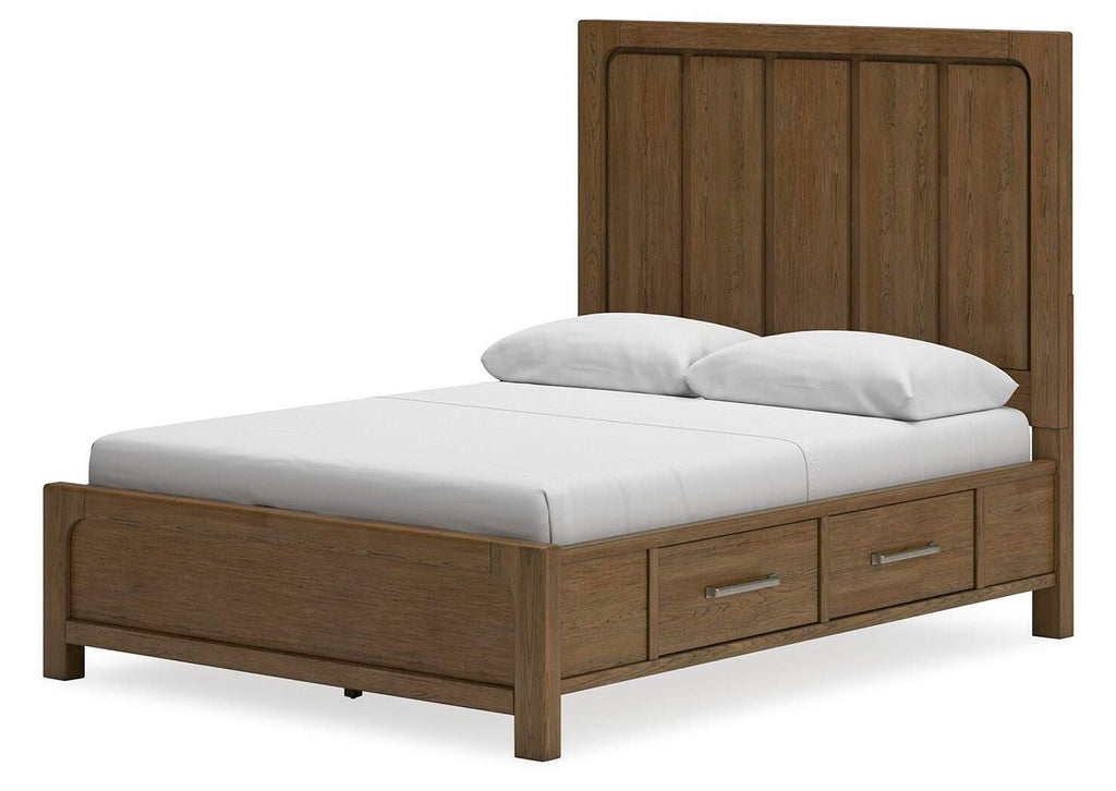 Cabalynn Queen Panel Bed with Storage with Mirrored Dresser and Nightstand angled view