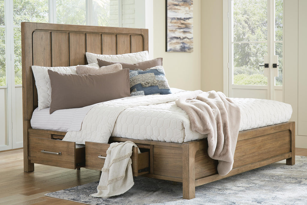 Cabalynn California King Panel Bed with Storage in Light Brown, open view