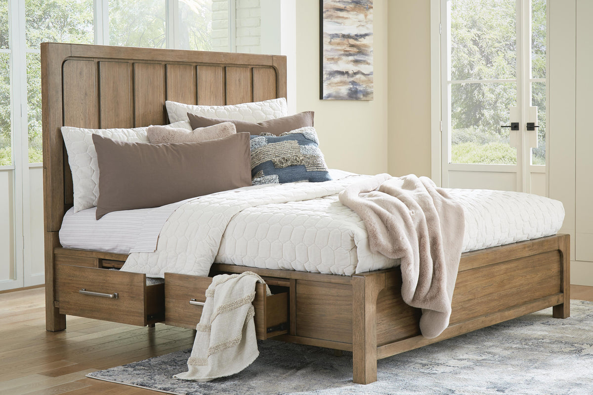 Cabalynn California King Panel Bed with Storage in Light Brown, open view