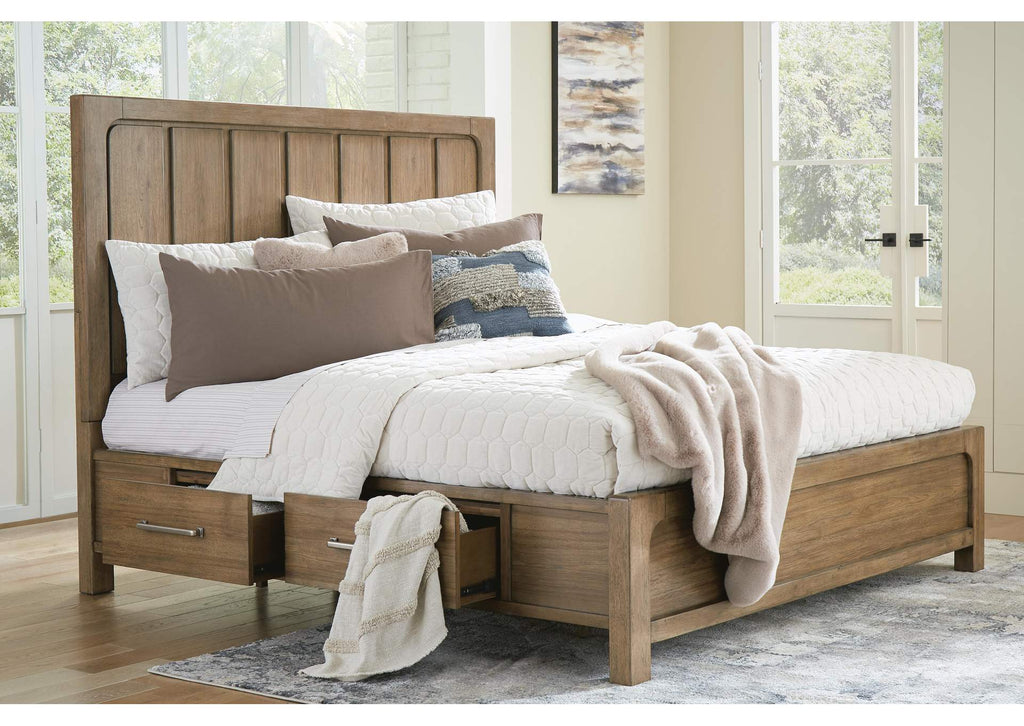 Cabalynn California King Panel Bed with Storage with Mirrored Dresser and Chest