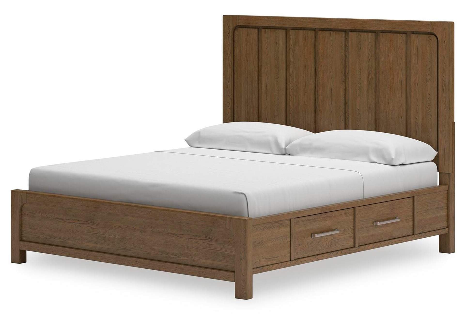 Cabalynn California King Panel Bed with Storage with Mirrored Dresser, Chest and Nightstand angled view