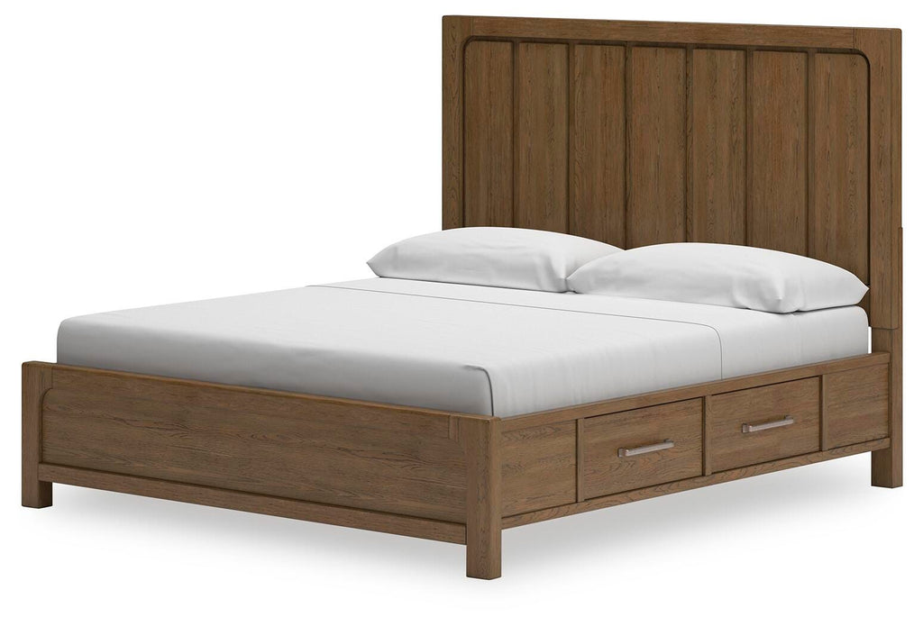 Cabalynn California King Panel Bed with Storage in Light Brown, angle view