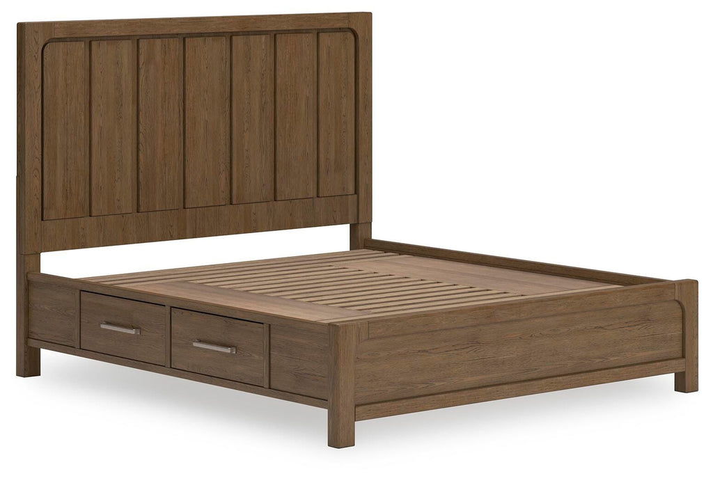 Cabalynn California King Panel Bed with Storage in Light Brown, angle view