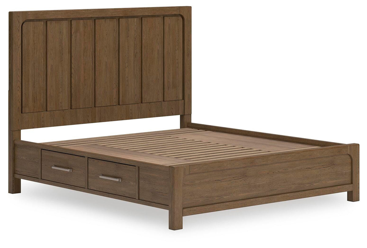 Cabalynn California King Panel Bed with Storage in Light Brown, angle view