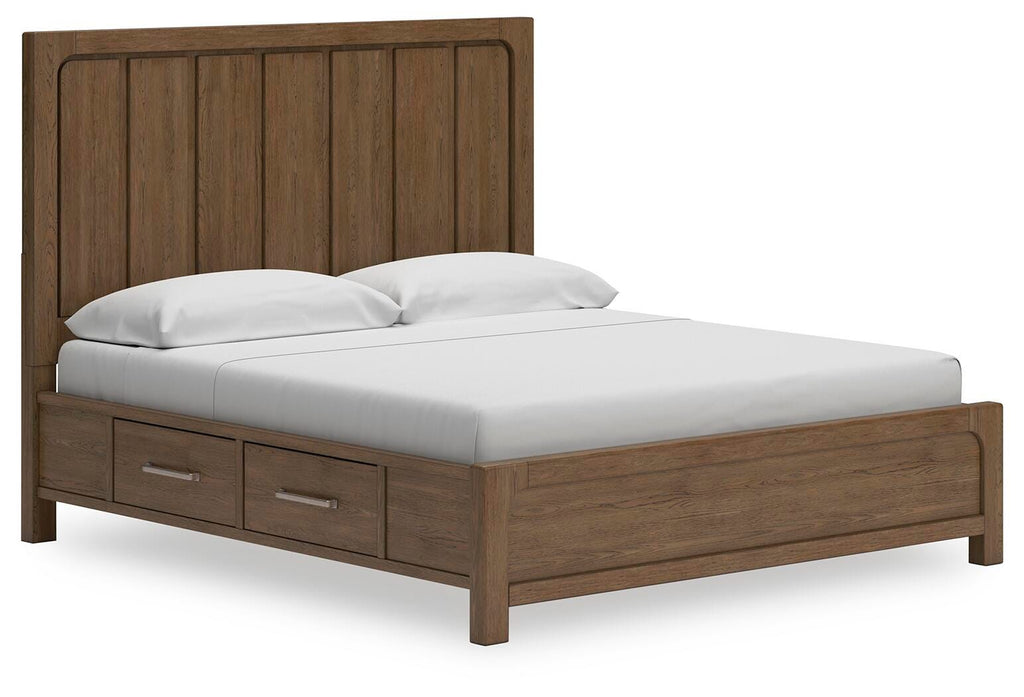 Cabalynn California King Panel Bed with Storage in Light Brown, angle view