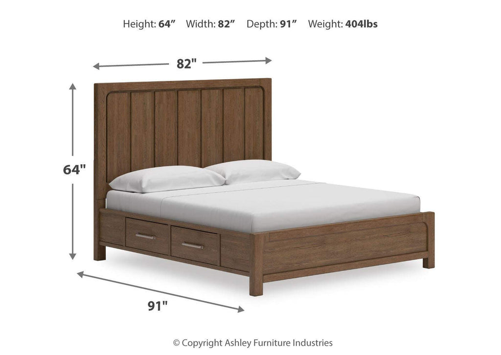 Cabalynn California King Panel Bed with Storage with Mirrored Dresser and 2 Nightstands dimensions