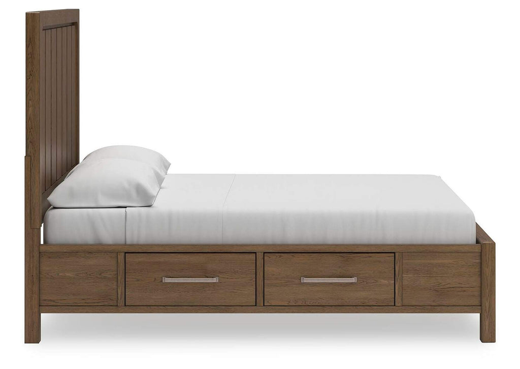 Cabalynn California King Panel Bed with Storage with Mirrored Dresser and Nightstand side view