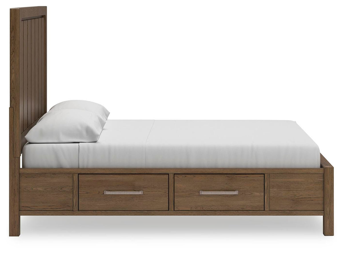 Cabalynn California King Panel Bed with Storage in Light Brown, side view