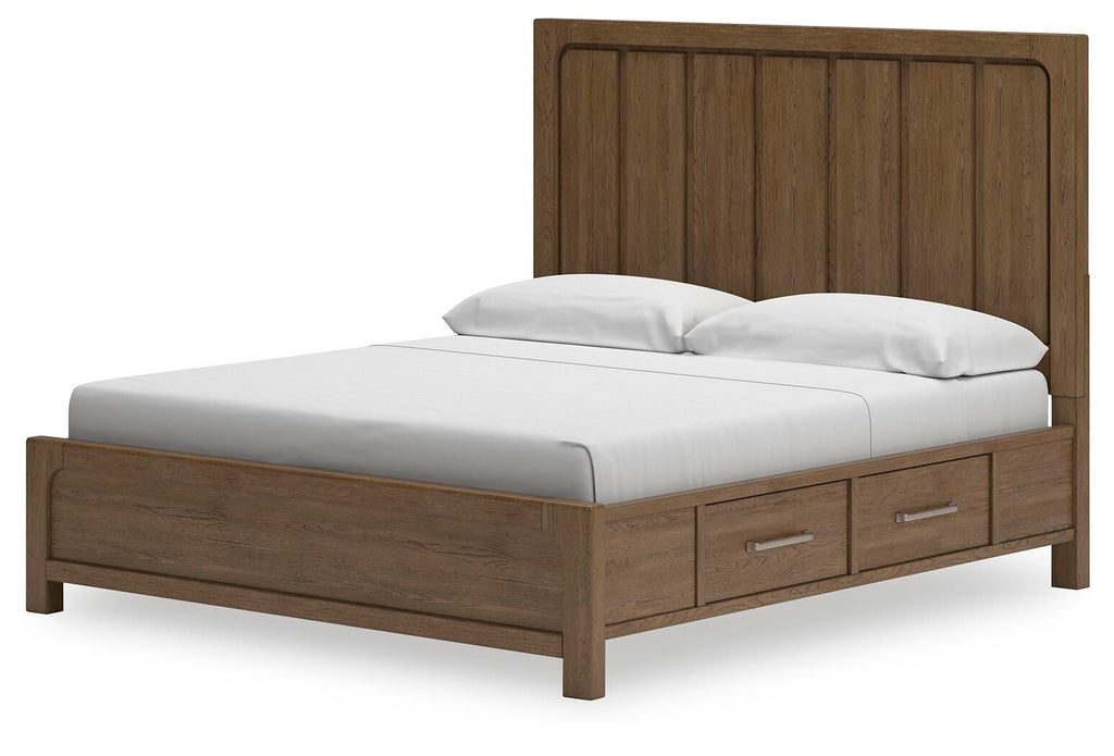 Cabalynn King Panel Bed with Storage in Light Brown, angle view