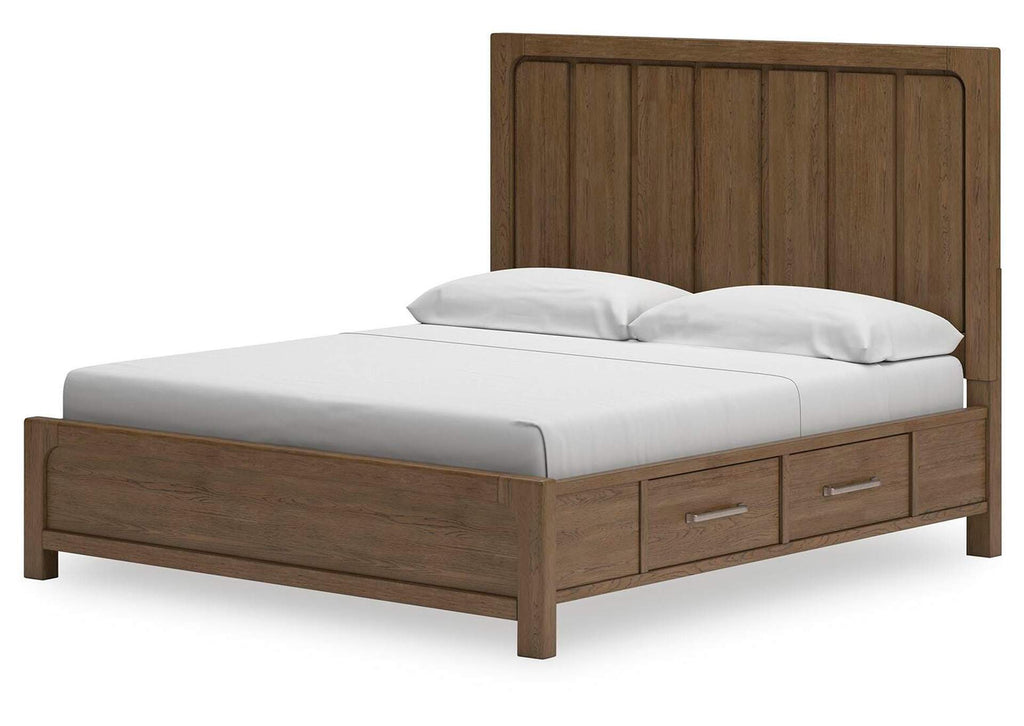 Cabalynn King Panel Bed with Storage with Mirrored Dresser and Nightstand angled view