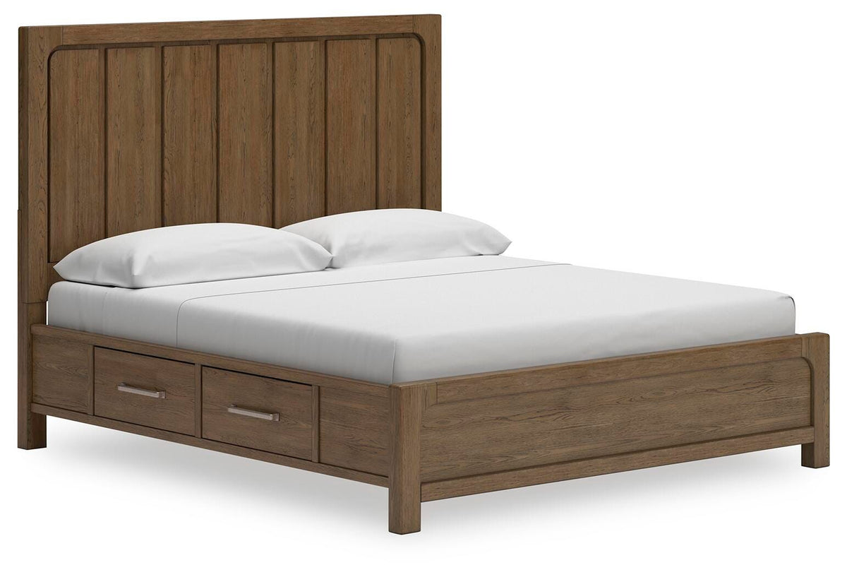 Cabalynn King Panel Bed with Storage in Light Brown, angle view