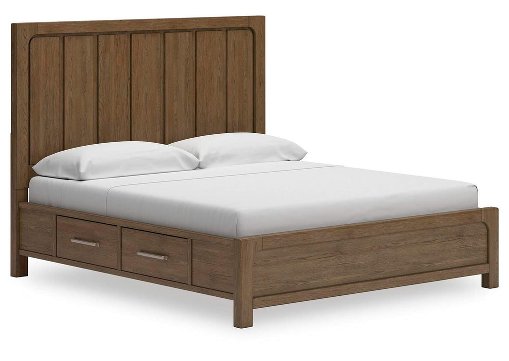 Cabalynn King Panel Bed with Storage with Mirrored Dresser, Chest and 2 Nightstands angled view