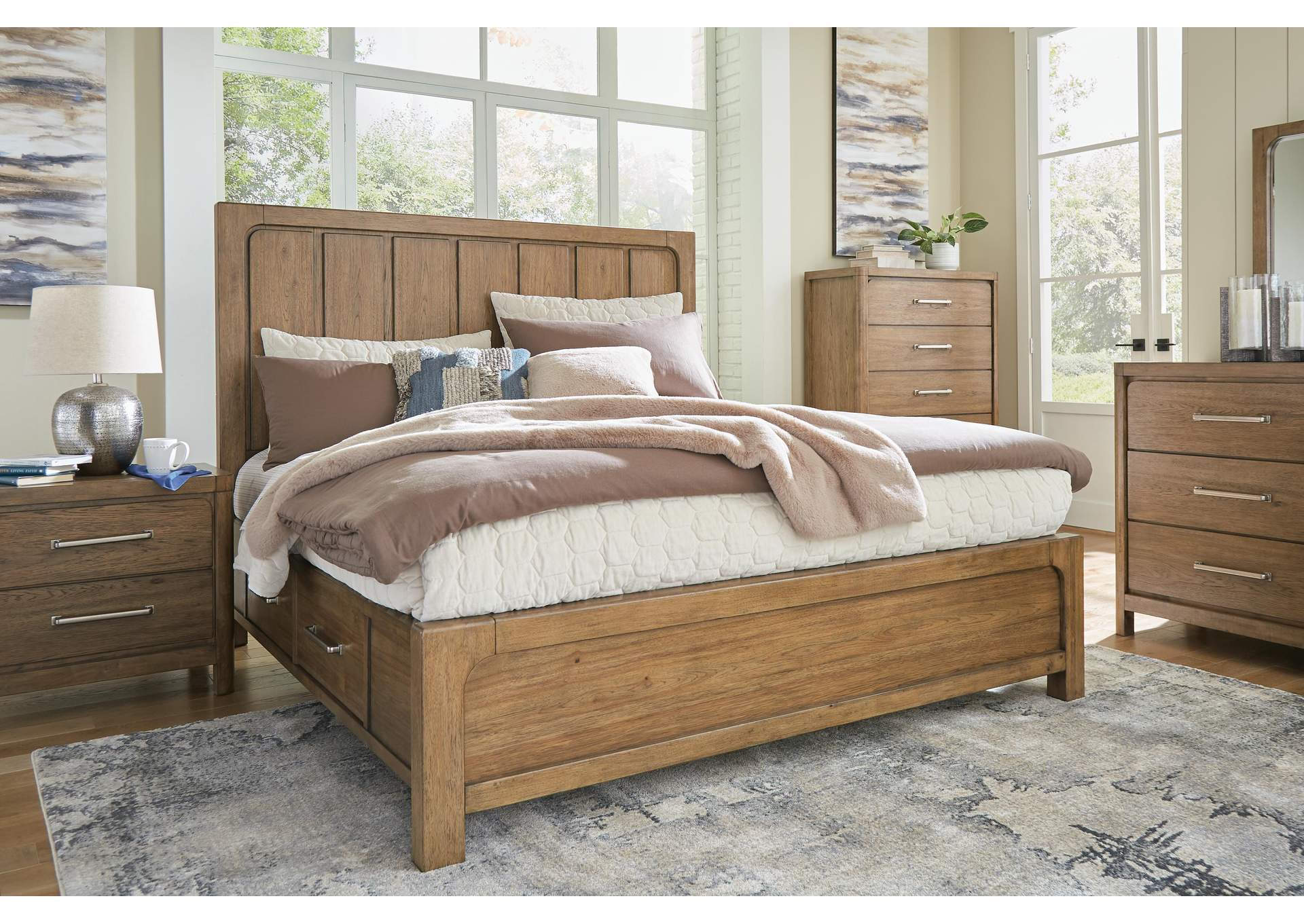 Cabalynn King Panel Bed with Storage with Mirrored Dresser, Chest and Nightstand