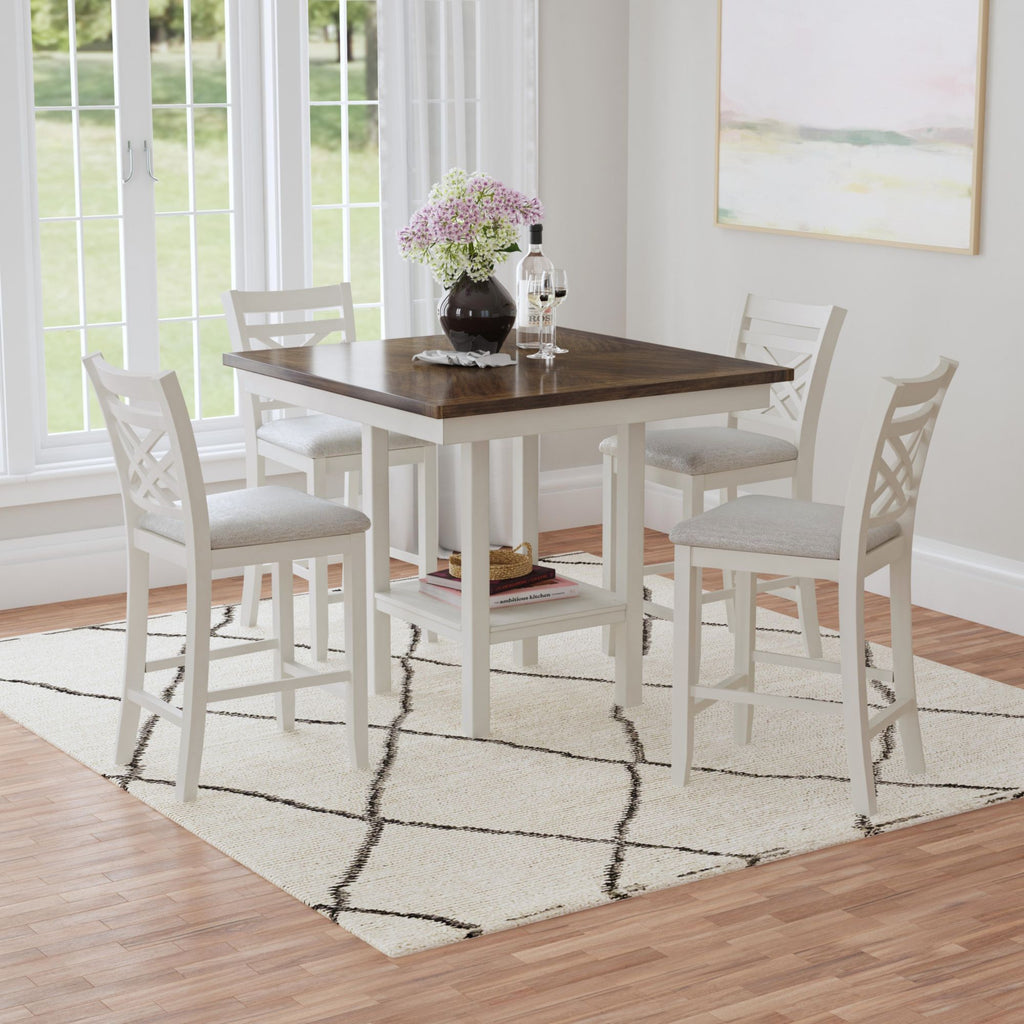 Brooks 5Pc Counter Set With Table And 4 Uph Seat & Wood Back Chairs In Medium Brown & White