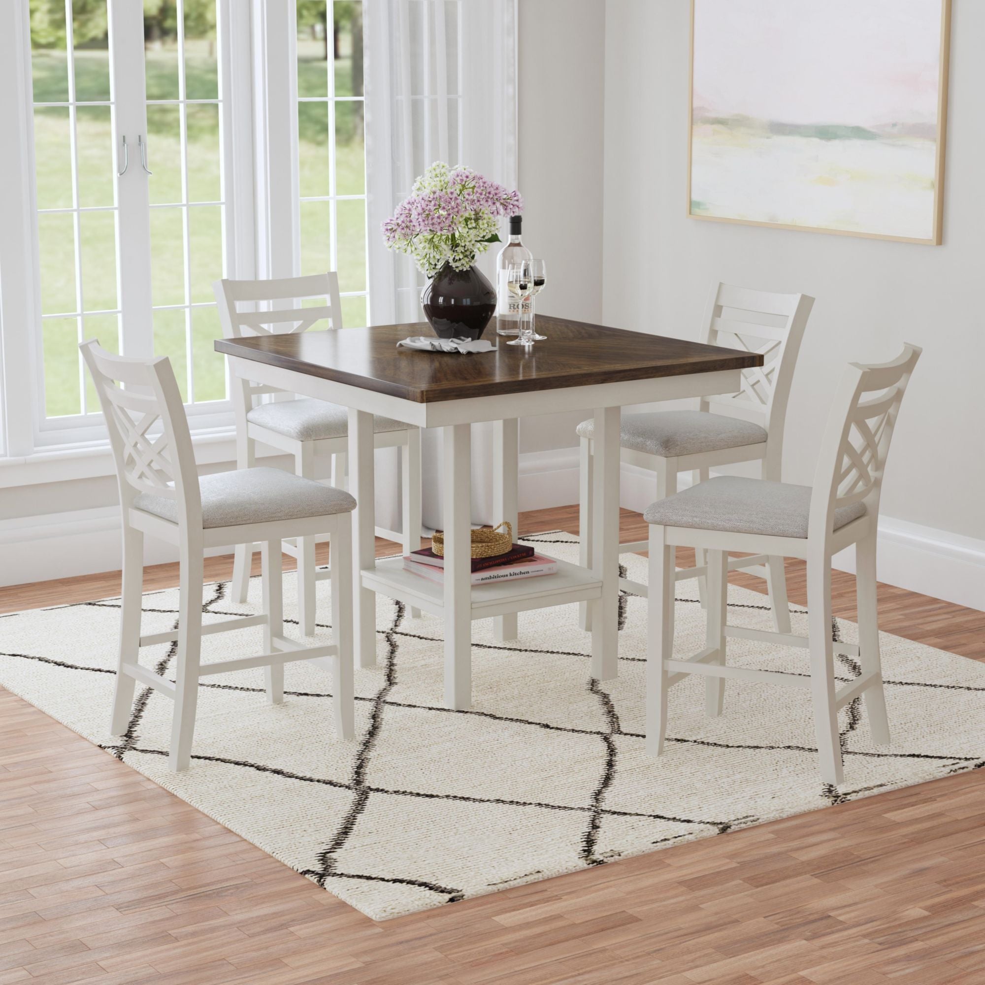 Brooks 5Pc Counter Set With Table And 4 Uph Seat & Wood Back Chairs In Medium Brown & White