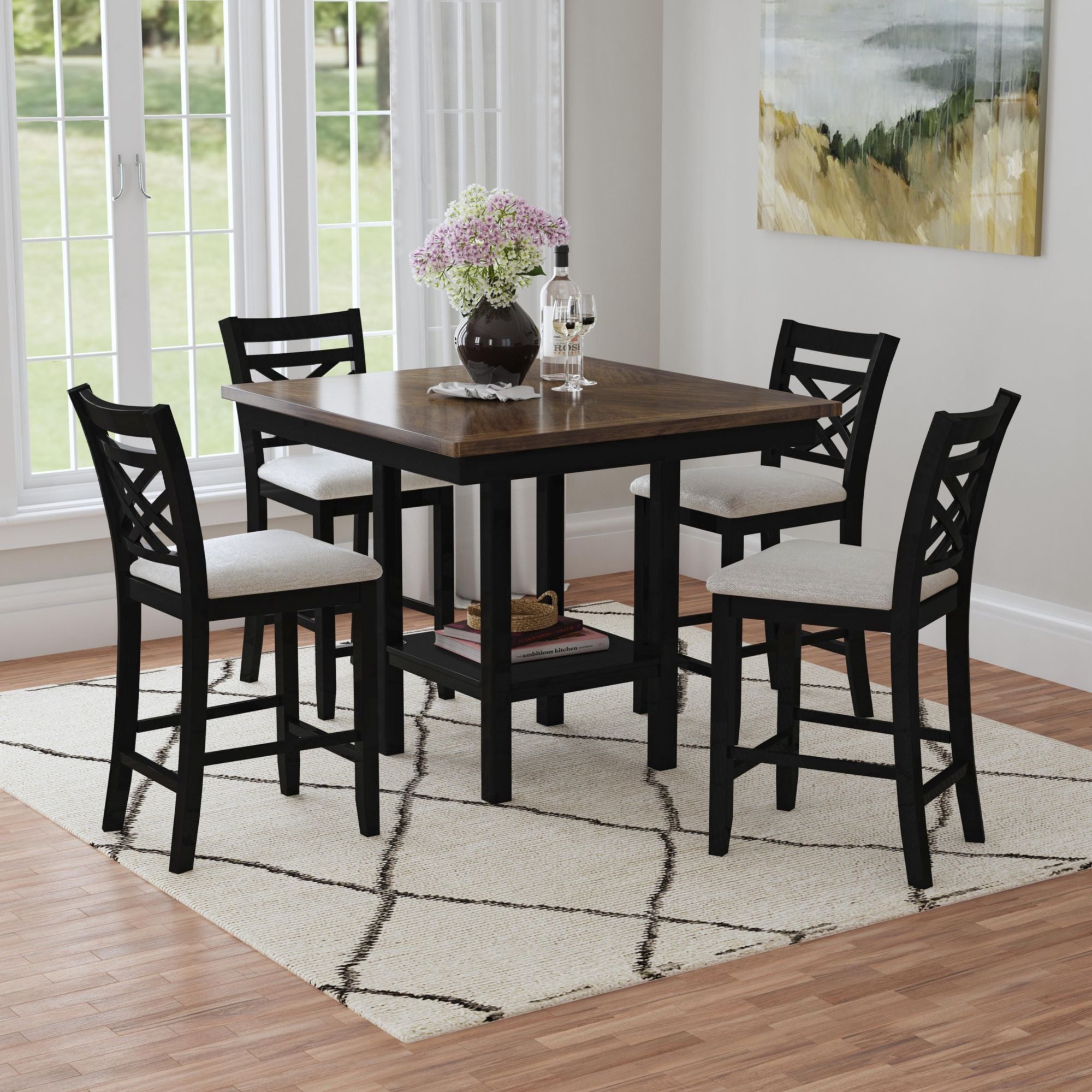 Brooks 5Pc Counter Set With Table And 4 Uph Seat & Wood Back Chairs In Medium Brown & Black