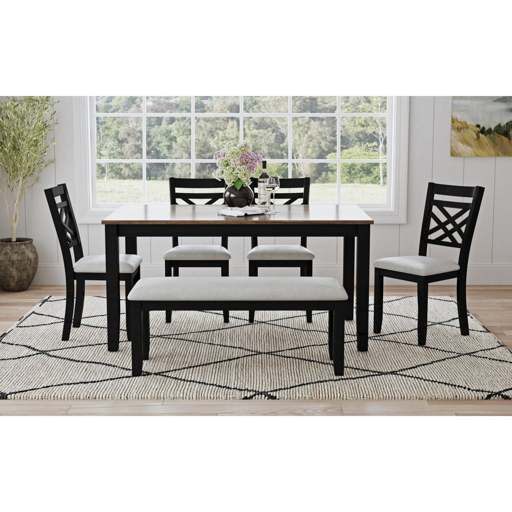 Brooks 6Pc Dining Set With Table, 4 Wood Back And Uph Seat Chairs, And Bench In Medium Brown & Black